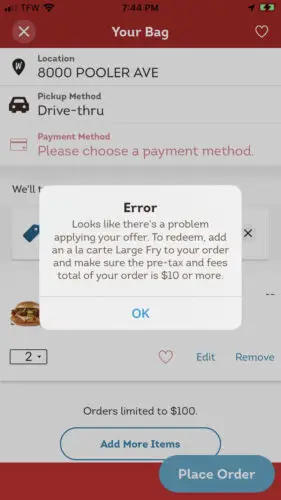 Wendy's Coupons - Error Message