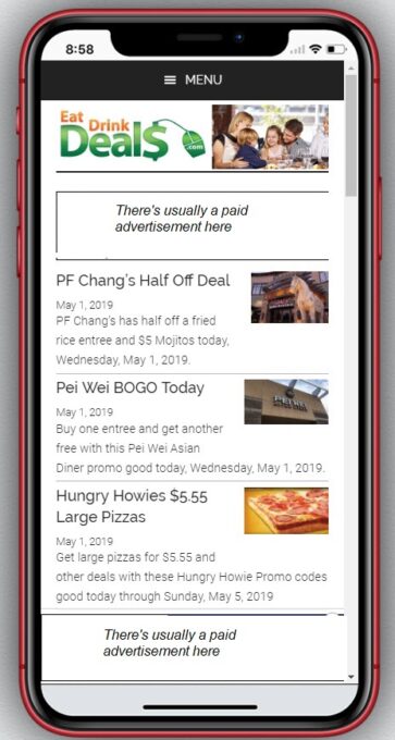 EatDrinkDeals home page on an iPhone XR