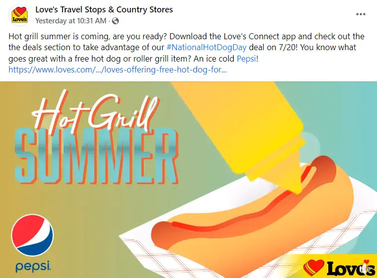 Love's Travel Stops Free Hot Dog Deal 7/20