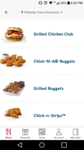 Screenshot of Chick-fil-A app menu