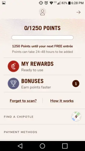 Chipotle app rewards screen