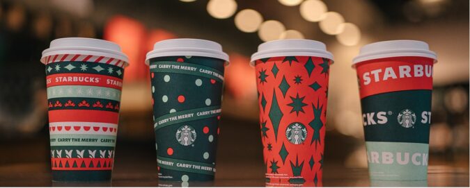 Starbucks 2020 Holiday Cups, from left: Ribbon, Dot, Sparkle and Brand Wrap (Photo courtesy Starbucks)