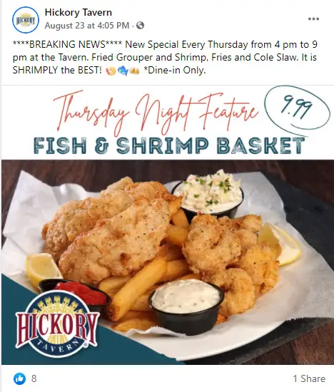 Hickory Tavern $9.99 Fish and Shrimp Basket Thursday deal
