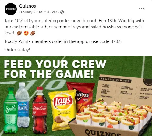 Quiznos 10% Off Super Bowl Promo Code