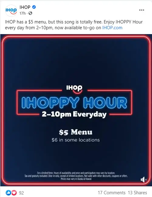 IHOP Happy Hour $5 Menu