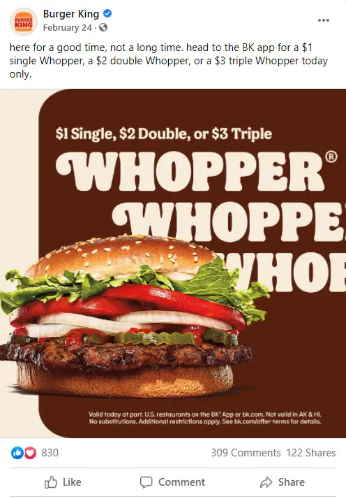 Burger King $1 Whopper Deal
