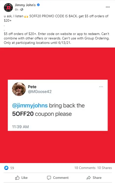 Jimmy John's $5 Off $20 Code