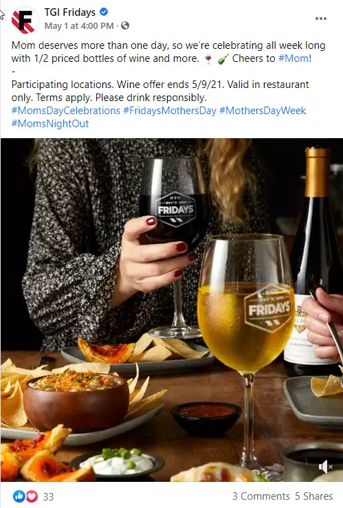 TGI Fridays 1/2 off wine deal