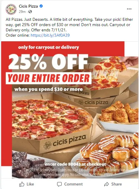 Cicis Pizza 25% Off Coupon