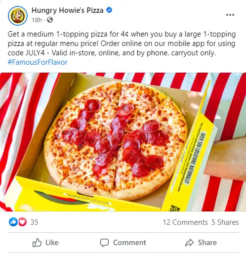 Hungry Howie's $0.04 Pizza Coupon Code