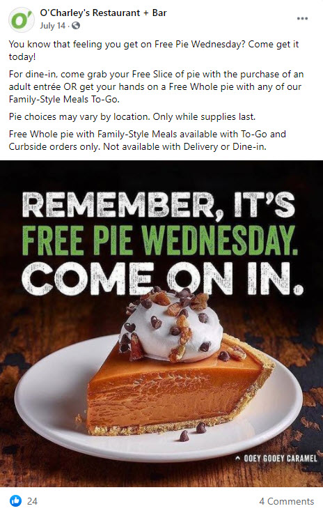 O’Charley’s Free Pie Wednesday and More Deals