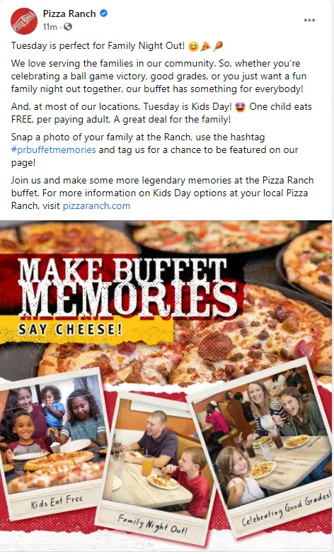 Pizza Ranch Kids Eat Free Tuesdays