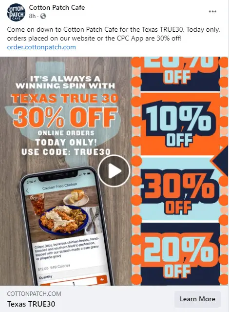 Cotton Patch Cafe 30% Off Promo Code