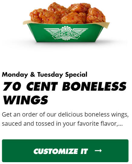 Wingstop $0.70 Boneless Wings Deal
