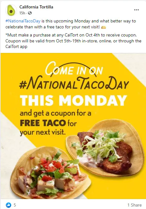 California Tortilla October 4 deal