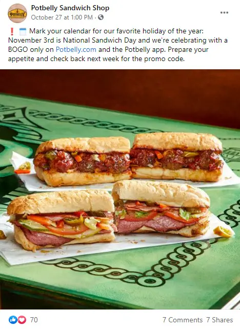 Potbelly Free Sandwich Deal