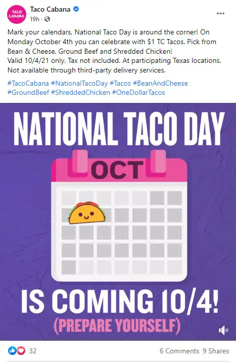 Taco Cabana $1 Tacos October 4