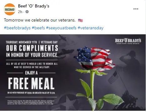 Beef 'O' Brady's Veterans Day