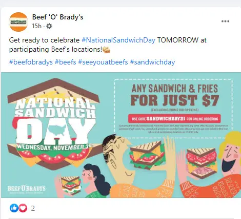 Beef 'O' Brady's Sandwich Day Deal