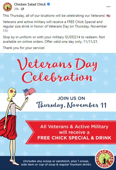 Chicken Salad Chick Free Veterans Day meal