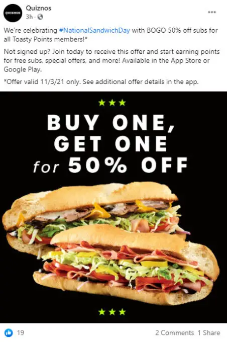 Quiznos BOGO 50% Off Deal