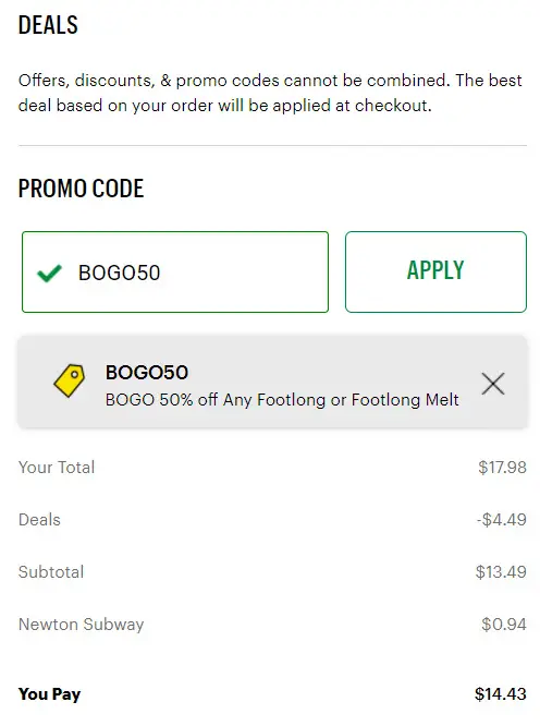 Subway Buy One Get One 50% Off Promo Code