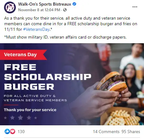 Walk-On's Free Meal Veterans Day