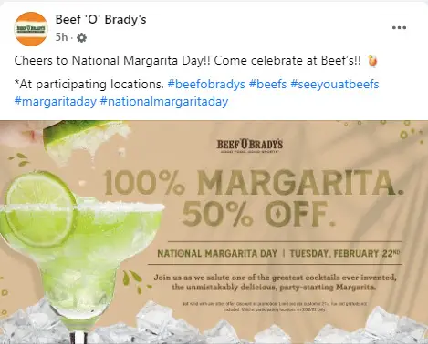 Beef 'O' Brady's Marg Day Deal 50% off