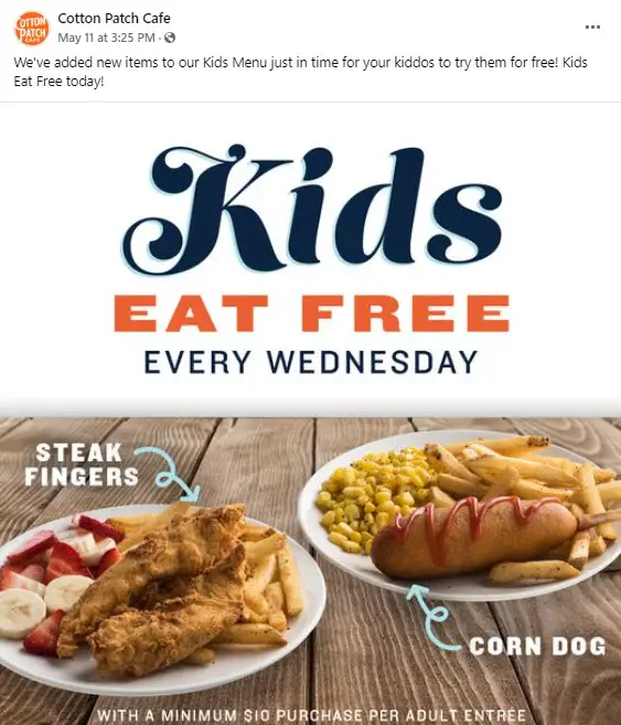Cotton Patch Cafe Kids Eat Free Deal