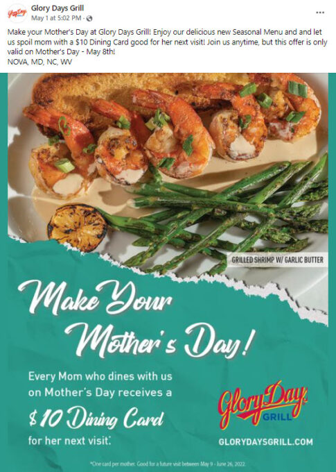 Glory Days Grill Mother's Day Deal
