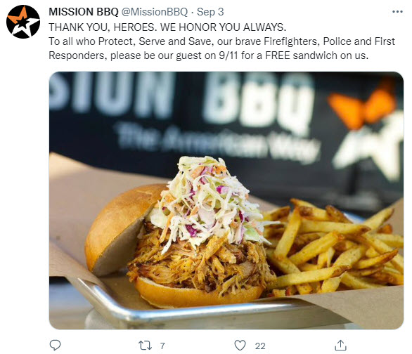 Mission BBQ Free Sandwich For First Responders