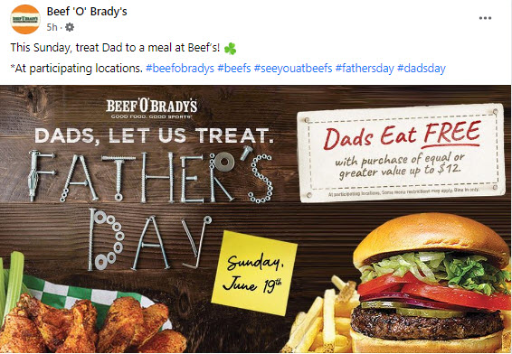 Beef 'O' Brady's Dads Eat Free Deal