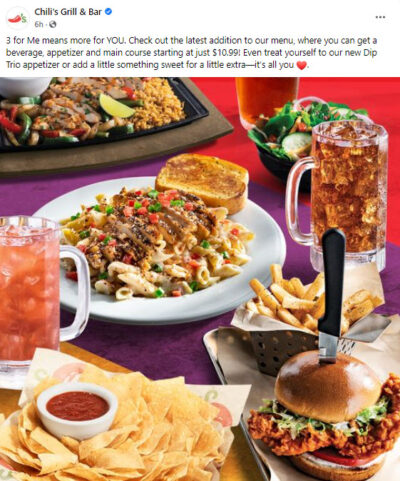 Chili's Specials: 3 For Me Menu, $10 Lunch Combos