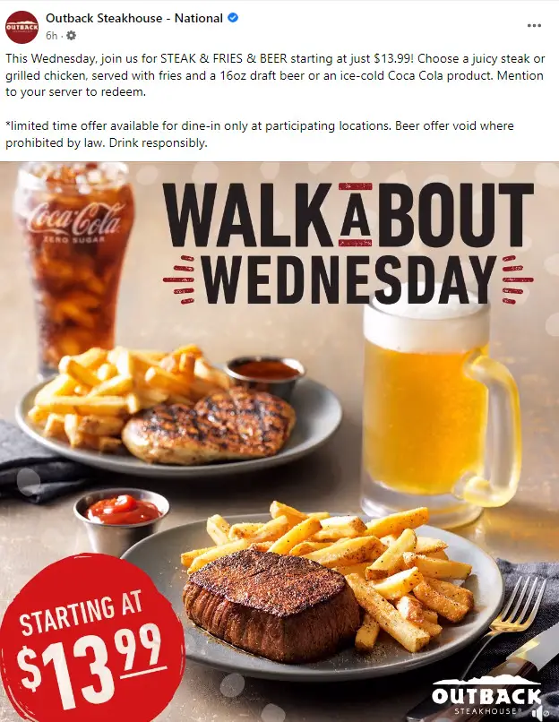 Outback Steakhouse $13.99 Walkabout Wednesday Special