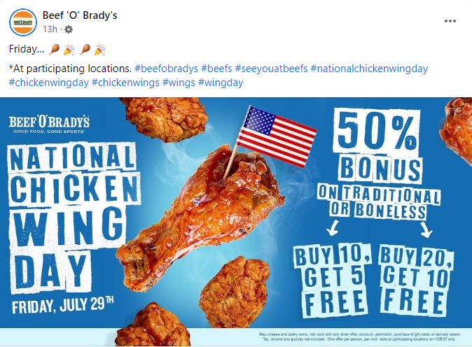 Beef 'O' Brady's 50% bonus wings deal