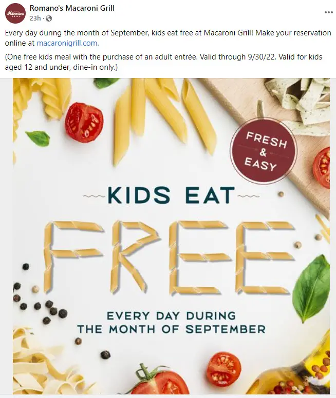 Macaroni Grill Kids Eat Free Deal