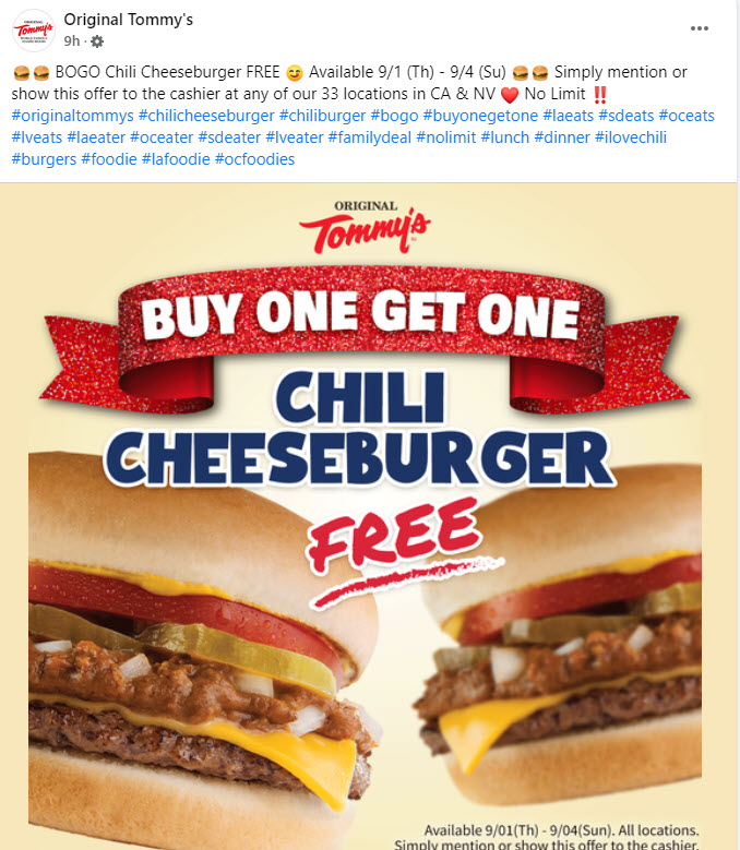 Original Tommy's BOGO Chili Cheeseburgers Deal