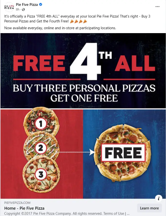 Pie Five Pizza buy 3 get 1 free special