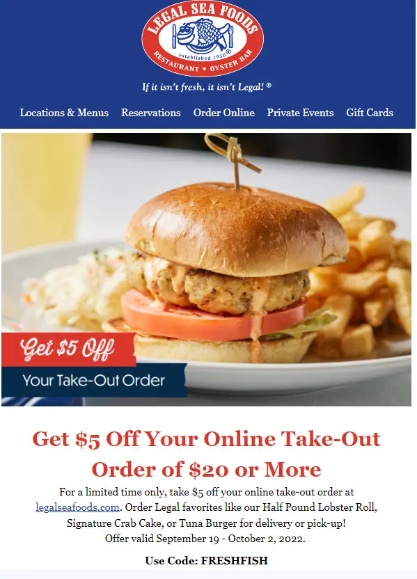 Legal Seafoods $5 Off Coupon