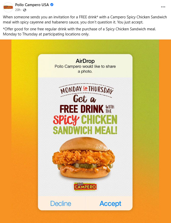 Pollo Campero Free Drink Offer