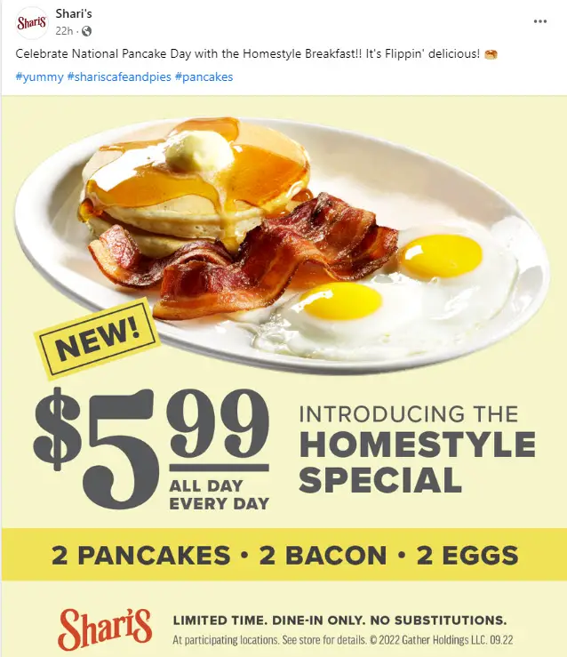 Shari's Cafe $5.99 Homestyle Meal