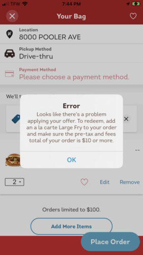 Wendy's Coupons - Error Message