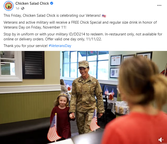 Chicken Salad Chick Free Meal Veterans Day