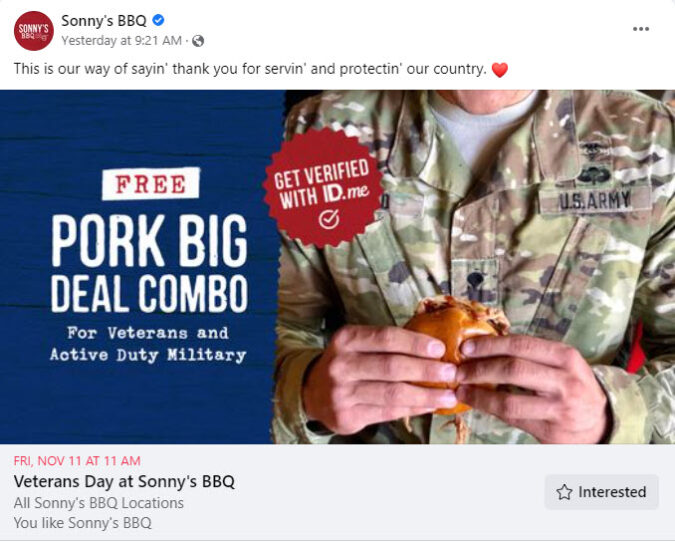 Sonny's BBQ Veterans Day Meal