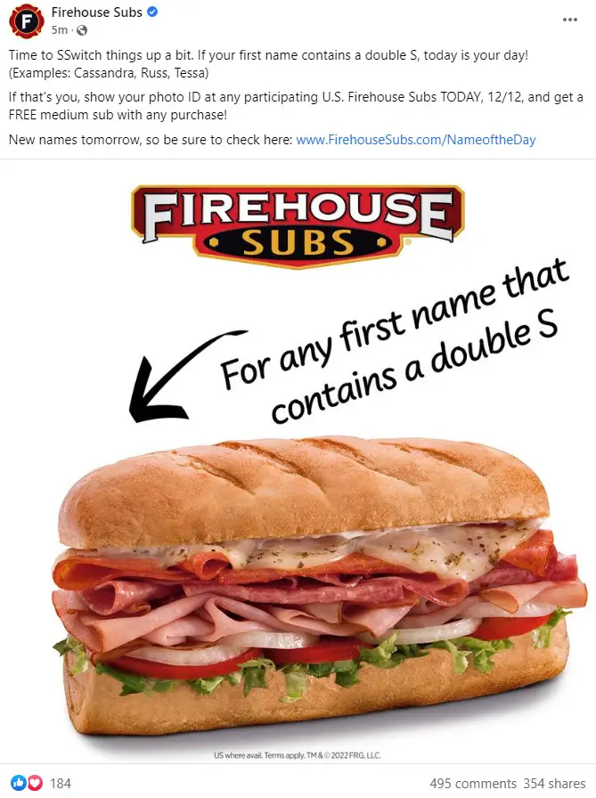 Firehouse Free Subs Name Game