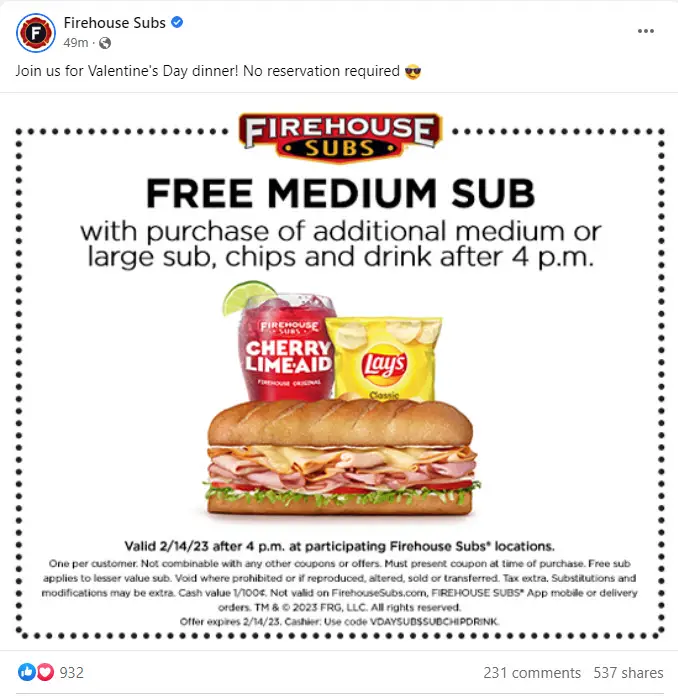 Firehouse Subs BOGO Coupon