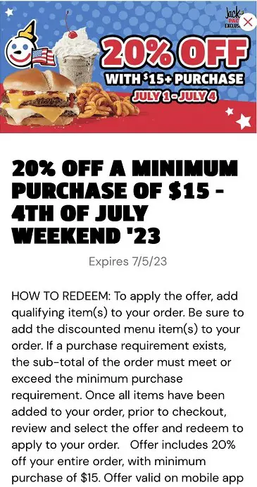Jack in The Box 20% off coupon
