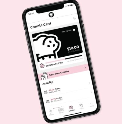 Phone screen showing Loyalty Crumbs rewards program at Crumbl Cookies