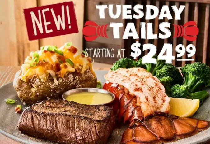 Outback Steakhouse Tuesday Tails deal - Photo of steak, lobster tail, and loaded baked potato