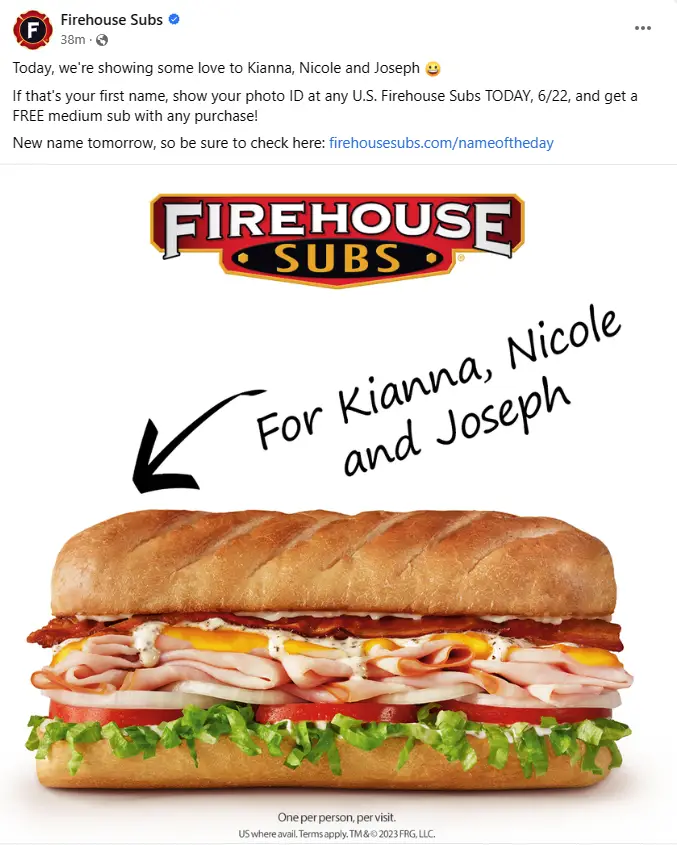 Firehouse Subs Free Subs Name Game